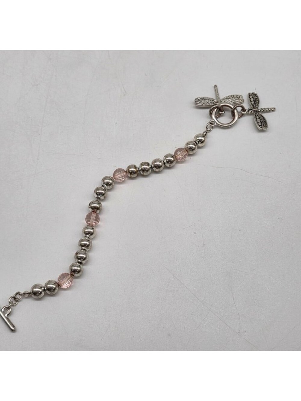 Dragonfly Charm Beaded Bracelet Toggle Clasp Silver & Pink Accents 8" Long - Picture 5 of 7
